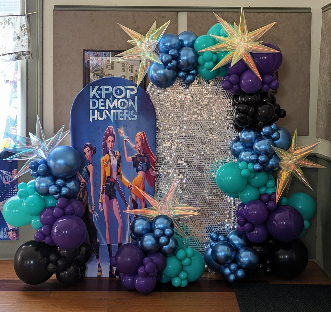 KPop Demon Hunters Birthday Double Arch Backdrop with Balloons and Shimmer Wall KPop Demon Hunters Birthday Double Arch Backdrop with Balloons and Shimmer Wall