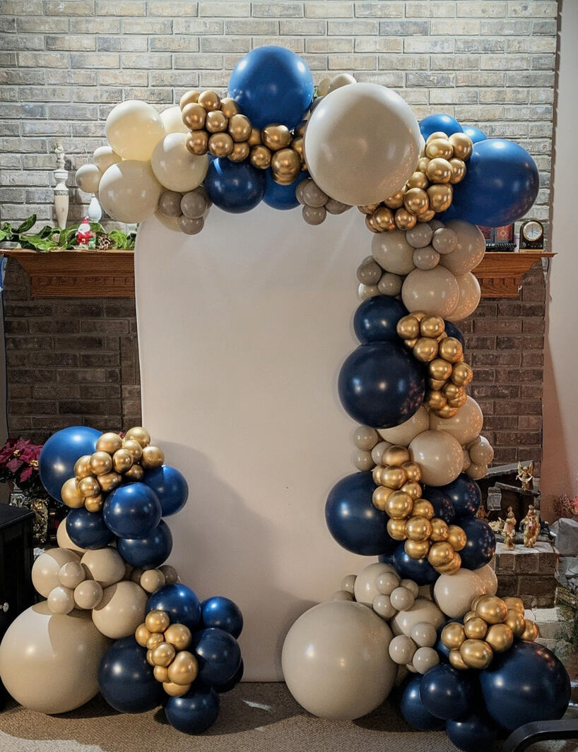 Birthday Balloon Arch Backdrop with Navy, Gold and Grey Balloons Birthday Balloon Arch Backdrop with Navy, Gold and Grey Balloons