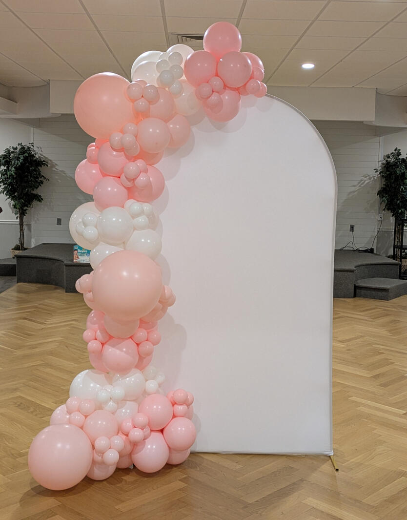 Baby Shower White Arch Backdrop with Pink and White Balloons Baby Shower White Arch Backdrop with Pink and White Balloons