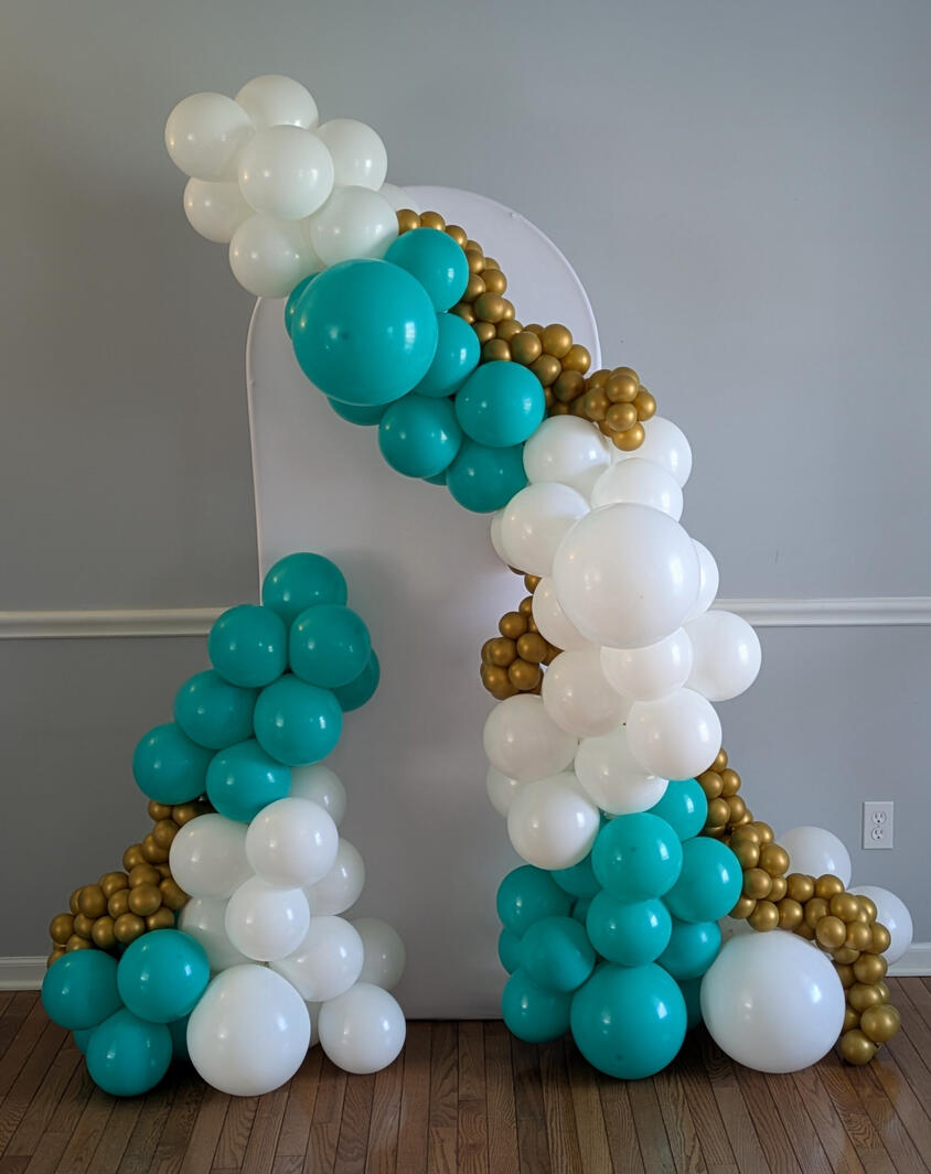 White Arch Backdrop with Organic Balloon Garland White Arch Backdrop with Organic Balloon Garland
